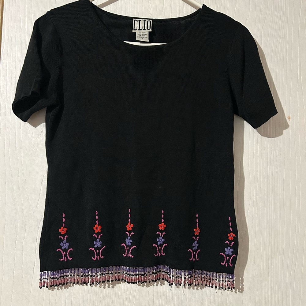 Clio Black Top with Colorful Embroidery